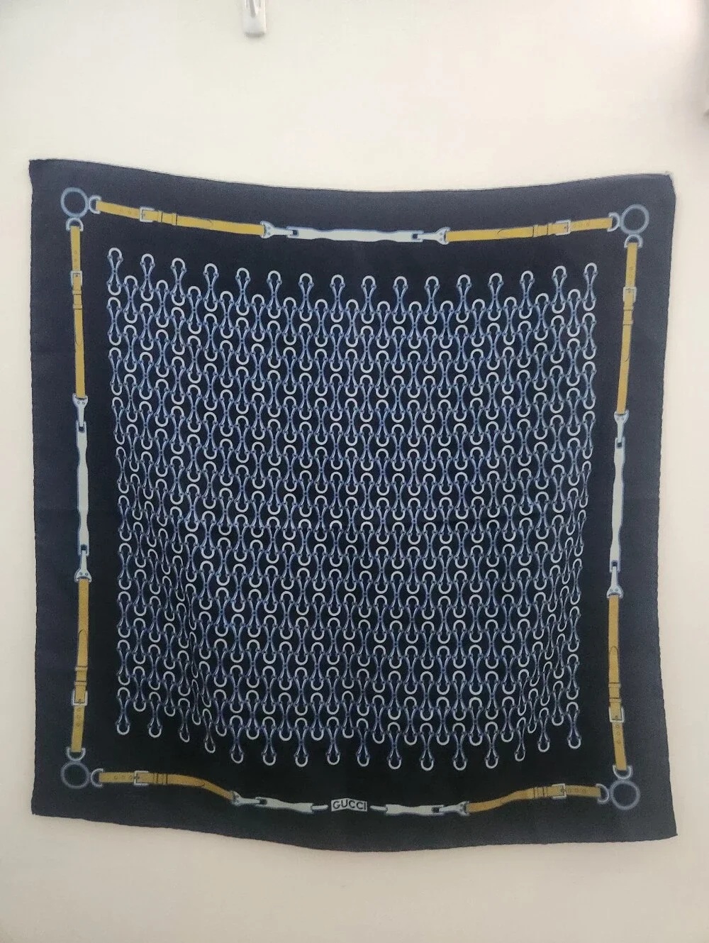 Gucci Vintage Scarf Horsebit Equestrian Motifh Silk Blue Multicolor No Tag